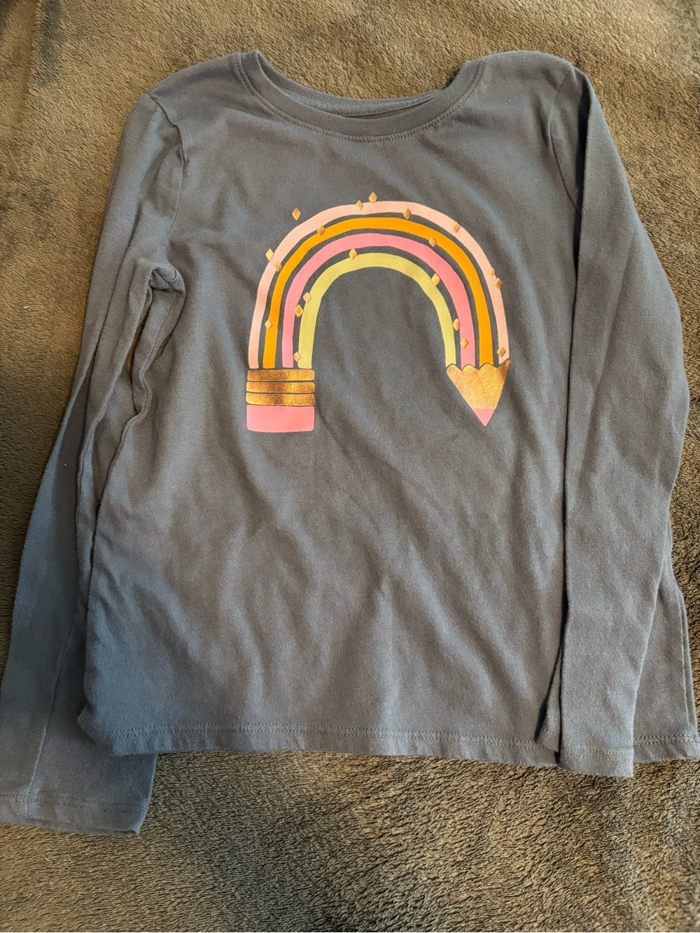 jumping beans Blue Long-Sleeve Tee with Multicolor Pencil Rainbow. Metallic Gold